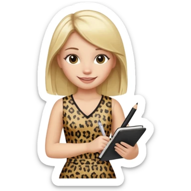 Blond hair girl with a leopard print dress and black leggings smiling holding a note book and a pen sticker