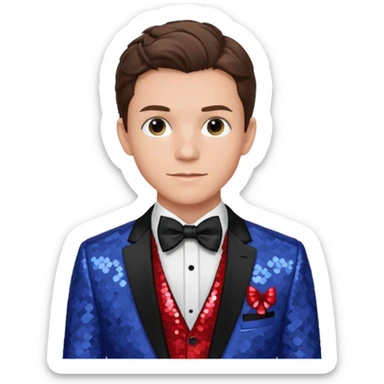 Tom Holland with brown hair, red shirt, periwinkle sequin suit jacket with bow tie sticker