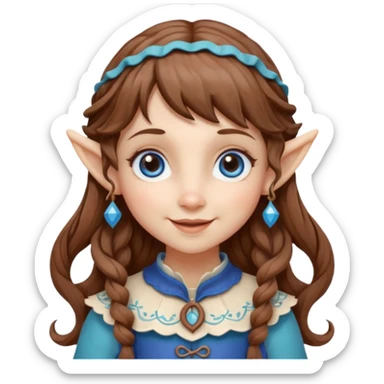 Kind happy whimsical quirky Girl toymaker, wood carving elf. Woodland creator. Blue eyes. brown hair (just below chin length) wavy hair & bangs. Whimsical playful cute sticker