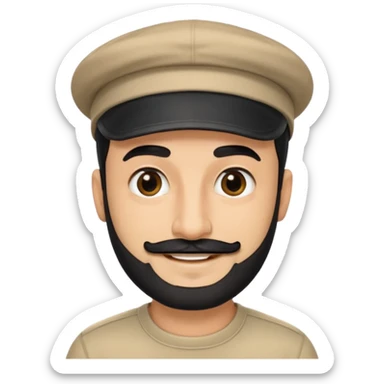 arabic streamer man with short black beard, short black mustache, black eyebrows, and a cap, smiling sticker