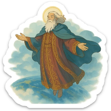ghibli style godlike man with regal robes, floating above the world, ethereal atmosphere sticker