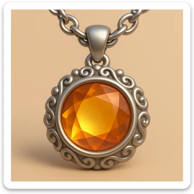 Make it 3d-emoji style: Add a silver chain or ornate setting to the round cut holographic amber charm, keeping the extreme close-up and original style sticker