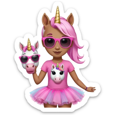 friendly anthropomorphised female unicorn with horse-like face, in tutu and pink t-shirt, wearing dark sunglasses, standard pose, close-crop head and shoulders sticker