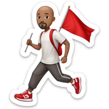 Bald black man with a white goatee in sneakers carrying a red flag sticker