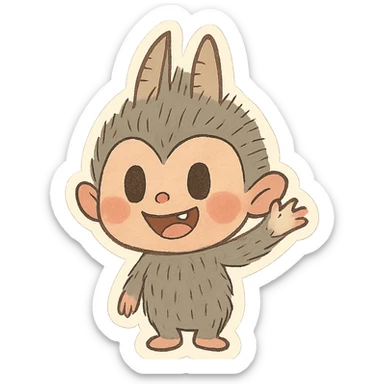 Labubu character, waving, cheerful, simple background sticker