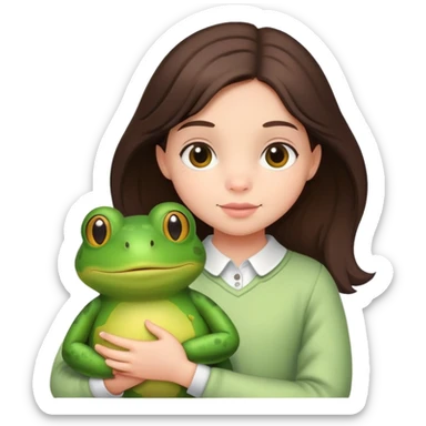 A cute little brunette girl holding her big frog stuffy  sticker