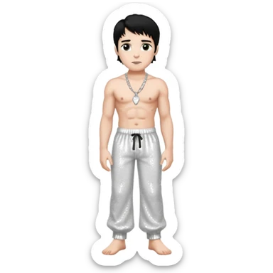 Victor Frankenstein with black hair, white sequin baggy pants, shirtless with necklace sticker