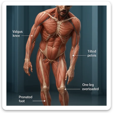 Create a hyperrealistic 4K anatomical view of a man in a similar pose to the reference image. Highlight knee valgus, tilted pelvis, one leg overloaded, and pronated foot. Show bones, joints, and muscles in transparency with realistic anatomical details in a medical atmosphere. sticker