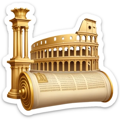 An icon featuring an ancient scroll, surrounded by famous historical landmarks and statues of notable figures, like the Colosseum or Napoleon. The design symbolizes the exploration of history through monuments and people. Transparent background highlights the pas sticker