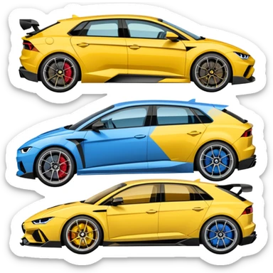 three cars lineup front profile forming a semi circle with a lamboghini svj an bmw m140i and a audi rs6 sticker