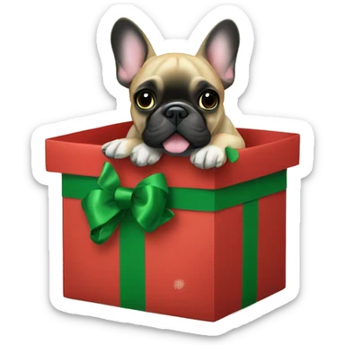French bulldog popping out of a wrapped Christmas gift box, wearing a green bow around its neck sticker