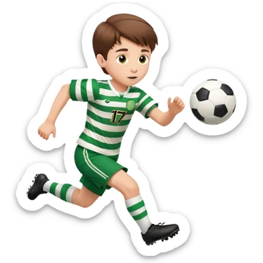Celtic footballer jersey logo  6 years old brown hair white boy , stripes uniform , RUNNING  with soccer ball # 17 celtic football logo PUT ONLY ONE LOGO sticker