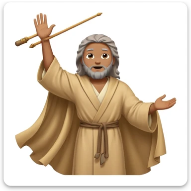 Moses with a long rod, arms raised, wind blowing his robe, rocky terrain, spiritual atmosphere, emoji style sticker