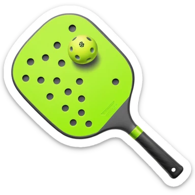 Modern Pickleball paddle graphite without holes, dark grey. 1 Pickleball ball beside or on top the paddle florescent green at 45 degrees sticker