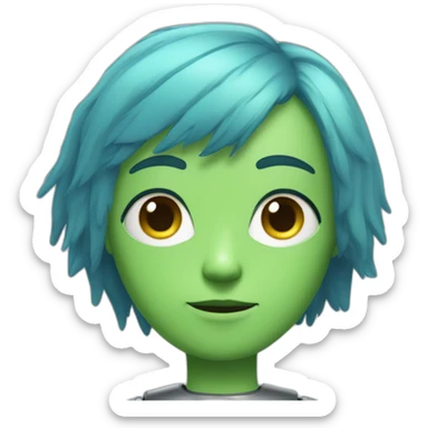 robot with a human head, thin face, clear cheekbones, green slightly narrow eyes, blue fluffy shoulder-length hair sticker