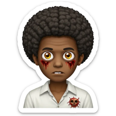A dark-skinned boy with an afro, zombie eyes, and ears, wearing a white shirt. sticker