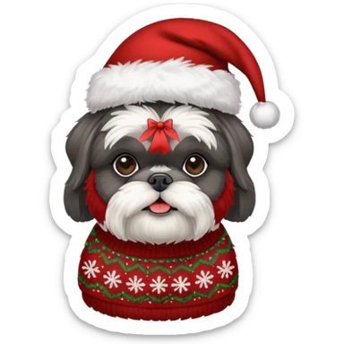 dark grey shih tzu christmas sweater and hat sticker