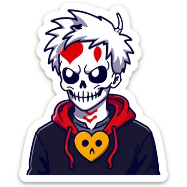 man with white and black messy hair, half face black, red horns with eyes, black hoodie fading to white, red wings, skeleton dragon behind neck, yellow heart lock necklace sticker