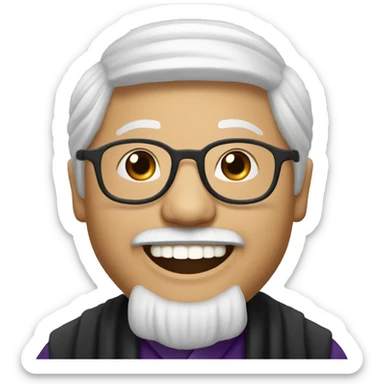 old catholic Hmong priest with black hair, smiling with teeth and glasses sticker