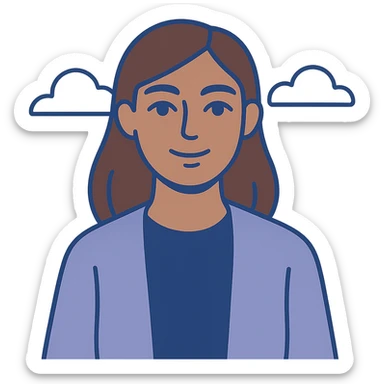 woman with blue-grey eyes, brown hair, brown skin, flat color icon style, clean lines, geometric shapes, minimal details sticker