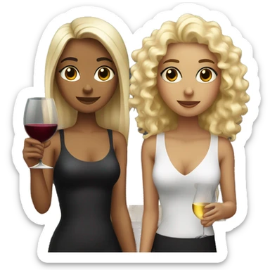 a girl with blonde curls and a girl with black straight hair both drinking wine sticker