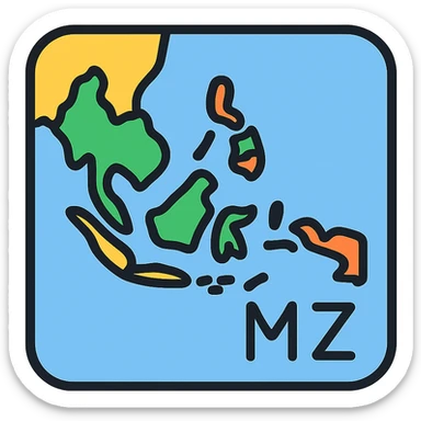 Southeast Asia map zone, simple, clear, colorful, labeled MZ, icon or logo style sticker