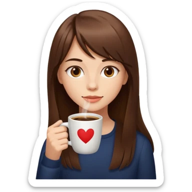 A girl with elongated bangs and long brown hair drinks coffee  sticker