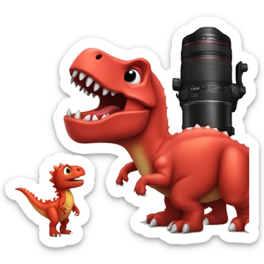 red dinosaur next to canon sticker