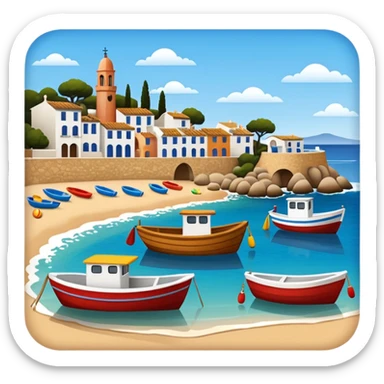 Calella de Palafrugell, beach and boats, apple emoji style, no border sticker