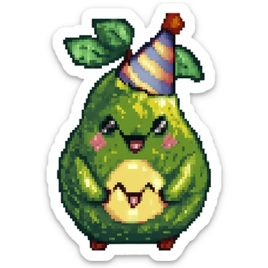 Add a colorful party hat to the happy pear with rosy cheeks in pixel art style. Keep the pixel art aesthetic and no background. sticker