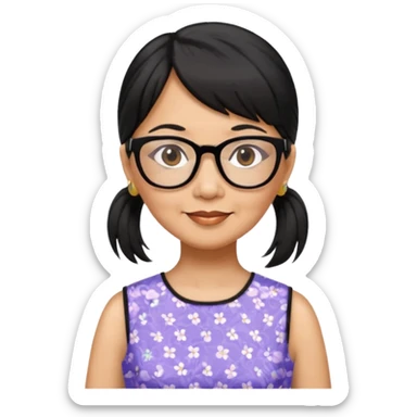 filipino woman black hair in one pony tail with straight bangs and big glasses, 60 yr old, nice dress

 sticker
