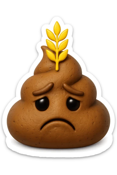 emoji stile iphone di una montagnetta di feci umane realistiche a palline tristi con sopra un simbolo del grano, iperrealistico 4k sticker