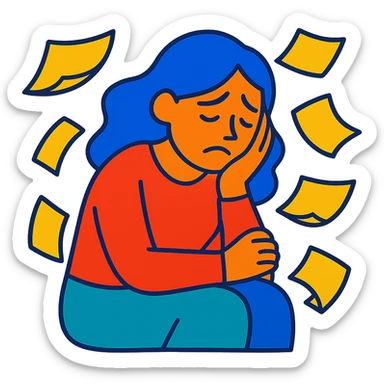 sad woman with flying papers around her, vibrant colors sticker