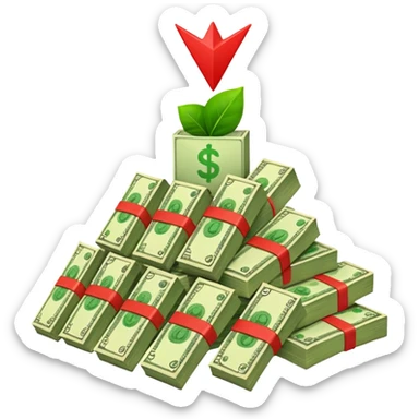 a pile of money with red arrow up sticker
