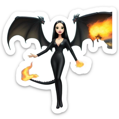  beautifully dressed teen Morticia Addams Malibu Beach Barbie Jedi flying/riding on the back of a very large black shiny evil-looking fire-spewing horned dragon. proper scale sticker