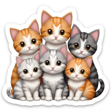 6 tiny kittens cuddling together all different colours, the first one is grey and white, the second is ginger and white and the third is brown tabby and white sticker