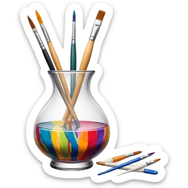 Glass painting icon, colorful brushstrokes on a glass vase, intricate painted patterns on the surface, visible fine paintbrush and palette beside it, no liquid inside the vase, minimalistic style, clean lines, transparent background. sticker