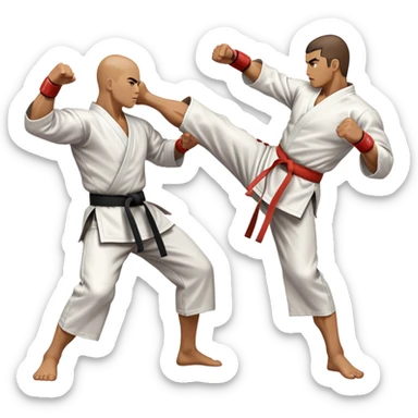 An icon symbolizing traditional Karate, featuring two opponents in a fierce battle. One fighter is delivering a high kick, while the other blocks the attack with a strong defense. The background reflects the calm yet intense atmosphere of a dojo, with traditional elements. Transparent background  sticker
