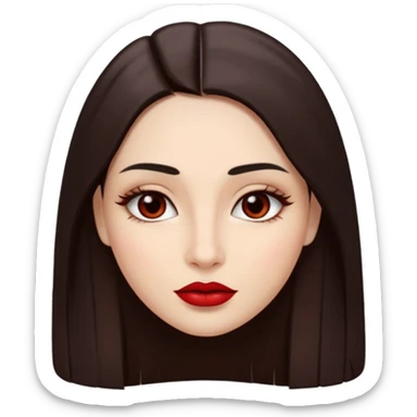 A woman emoji with fair skin, long straight dark brown hair parted in the middle, an oval-shaped face, arched dark eyebrows, almond-shaped brown eyes, a small nose, and full lips colored with deep red lipstick. sticker
