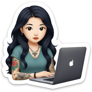 beautiful girl, with tattoos, with long black hair, wavy hair, chinese, with laptop sticker