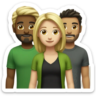 two girls and one guy. one of the girls is a blonde in a green sweater, the other has brown hair and a black sweater, in the middle is a guy with dark hair and a beard sticker