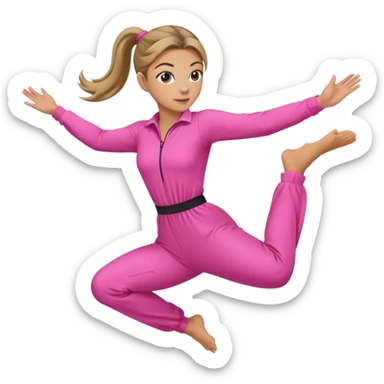 Woman dark blond hair ponytail pink  full body jumpsuit flying sticker