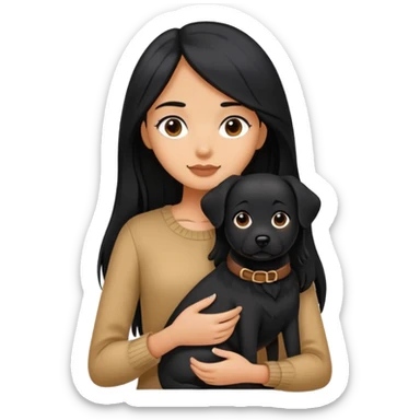 A girl with long black hair holding a black dog sticker