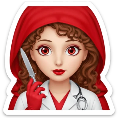Lilith scalpel in hand, evil surgeon sexy surgeon clothes.  She has red eyes. She brown long curly hair. Wears sexy doctor outfit with red gloves. Wears red burka to hide her mouth and nose sticker