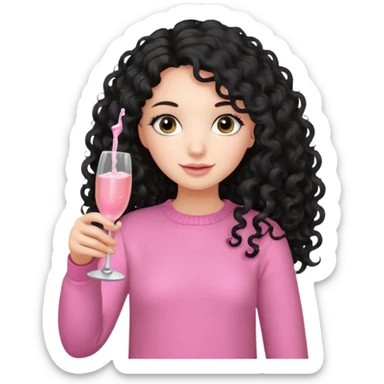 girl with long black curly hair, pink sweater and grey eyes with bottle of pink champagne sticker