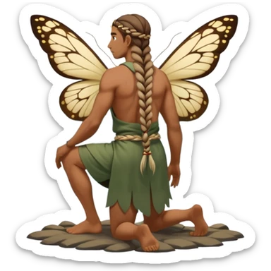 full body druid man, tan skin, long braid, from behind kneeling at lake edge, moths around shoulders sticker