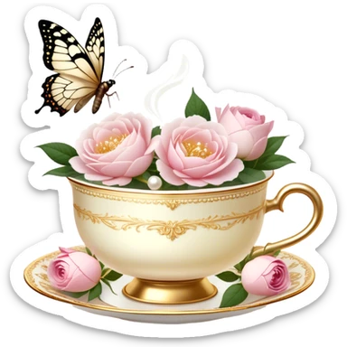 A charming, softly lit evening tea scene, where an ornate golden tea strainer rests atop a delicate ivory teacup filled with rose-infused tea, fresh blush roses and white peonies scattered around, while a pearl butterfly hovers above the steam.
 sticker