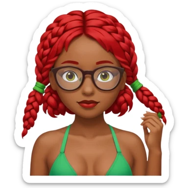 Dark Tan girl with two long red plaits and red rimmed  glasses, green bikini top,  head neck and shoulder shot only sticker