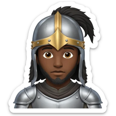 A black male with long black rough hair wearing a knight helmet sticker