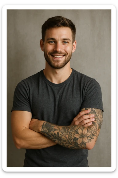 A 25-year-old man with blue eyes, brown hair, a short beard, tattoos on his left arm, smiling proudly with arms crossed. sticker